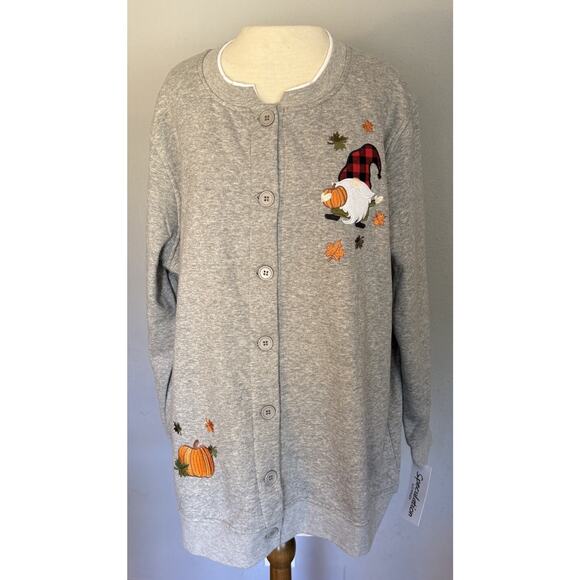Speculation Sweaters - VTG Autumn Cardigan Jacket NWT 1X Gray Gnome Fall Leaves Thanksgiving Pumpkin